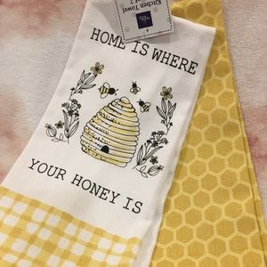 Home is Where Your Honey Is Designer Kitchen Towel Set of Two, NWT Cotton 18x28”